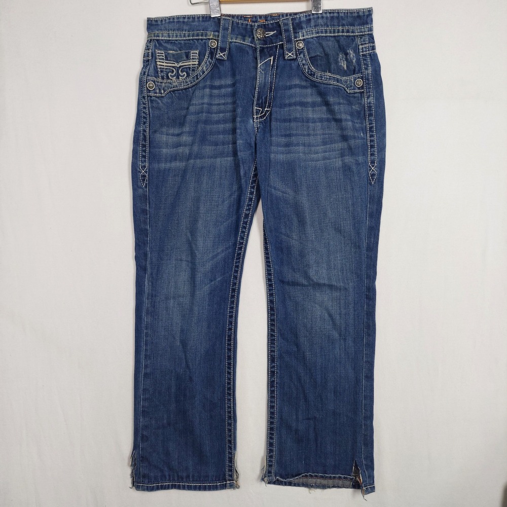 Rock Revival Sebastian Straight Leg Jeans Mens 34 Blue RRJ8622ST Embroidered